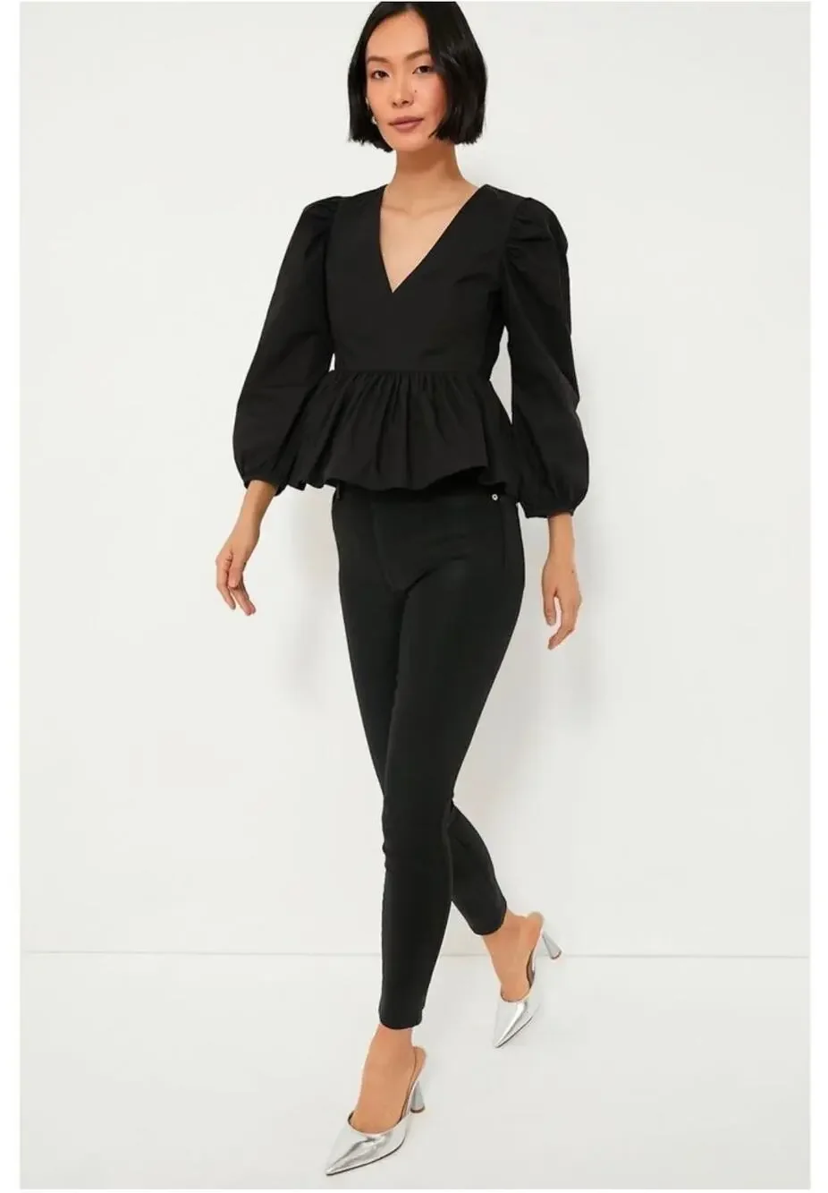 NWT Tuckernuck Hyacinth House Puff Sleeve Peplum Blouse Black Medium